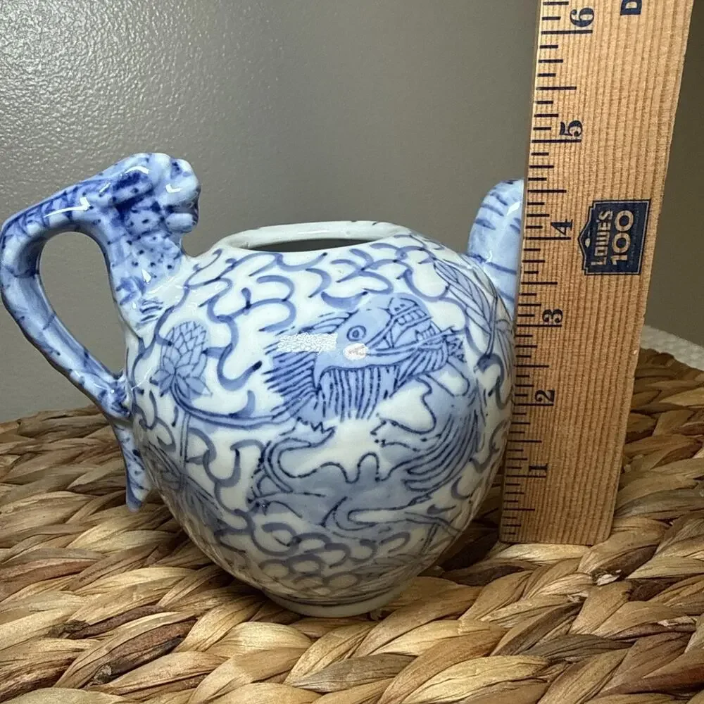 Vintage Chinese Blue White Porcelain Teapot Fish Motif Dragon Handle No Lid